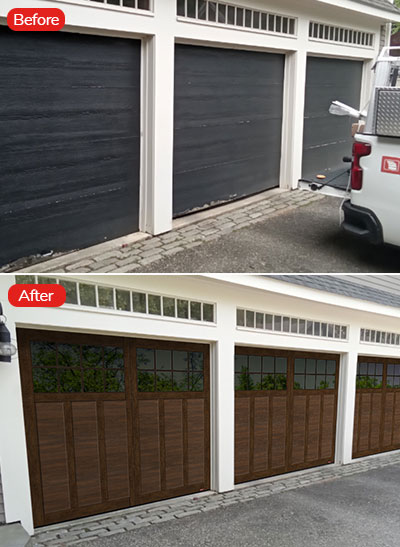 Before and after pictures of installed garage doors
