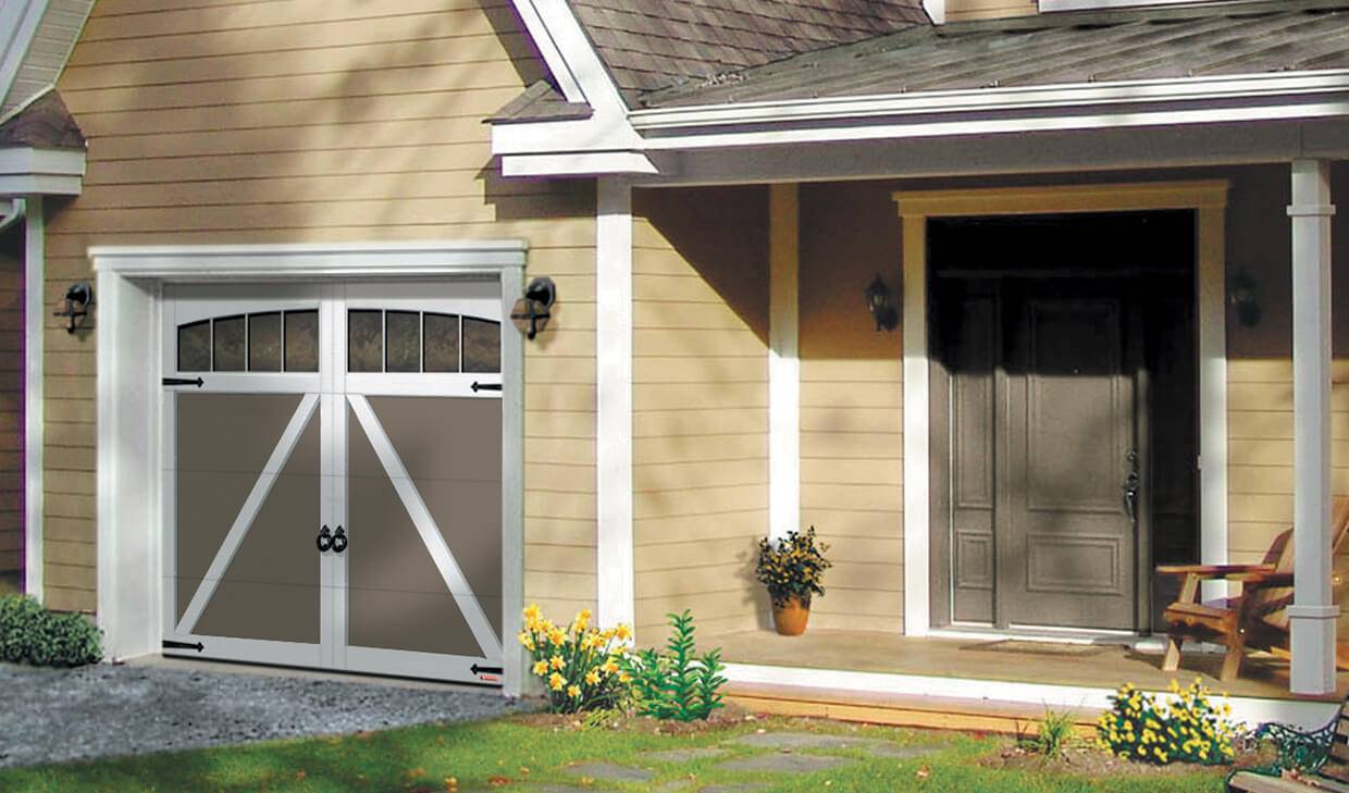 Eastman E-22, 9' x 7', Dark Sand door and Ice White overlays, Arch Overlays with 4 vertical lite Panoramic windows